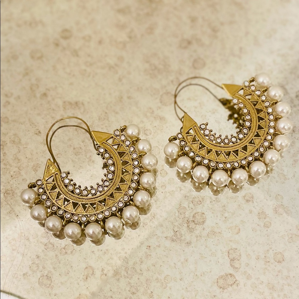 Free People Gold and Pearl Crescent Hoop Earrings
